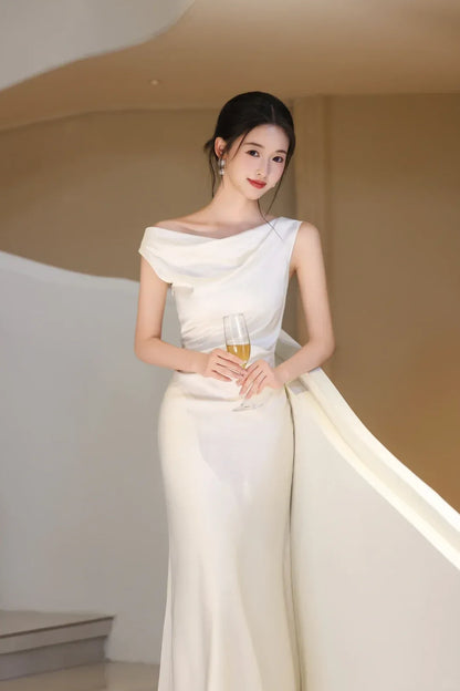 Elegant Mermaid Off-the-Shoulder Sleeveless Draped Ivory Maxi Prom Dress for Women Custom