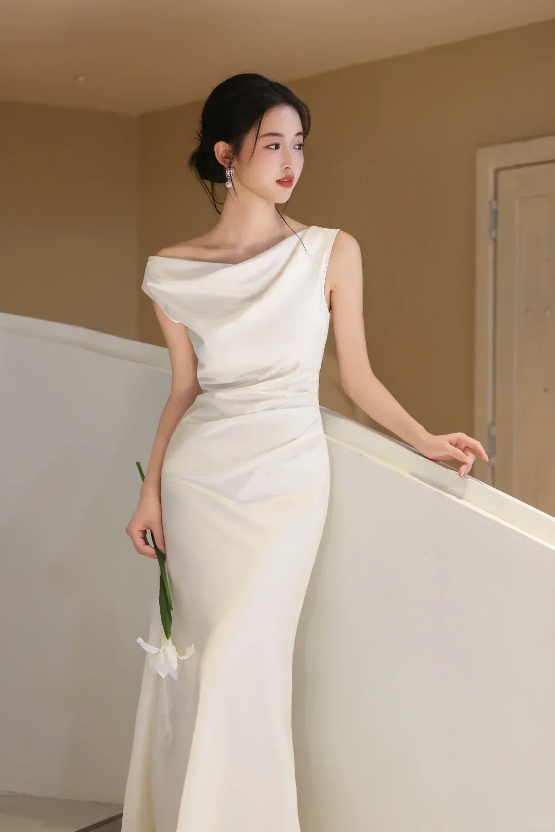Elegant Mermaid Off-the-Shoulder Sleeveless Draped Ivory Maxi Prom Dress for Women Custom