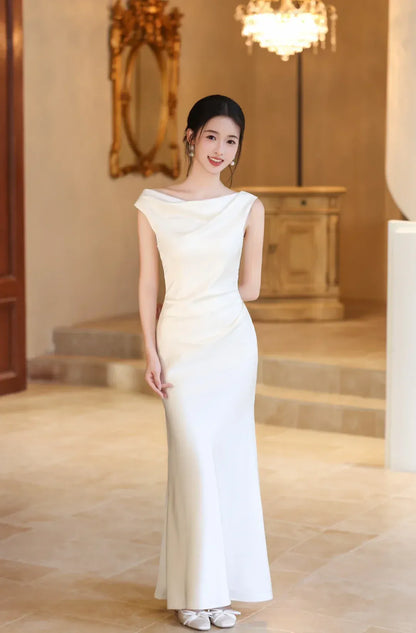 Elegant Mermaid Off-the-Shoulder Sleeveless Draped Ivory Maxi Prom Dress for Women Custom