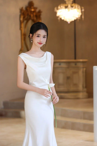 Elegant Mermaid Off-the-Shoulder Sleeveless Draped Ivory Maxi Prom Dress for Women Custom