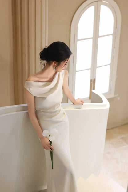 Elegant Mermaid Off-the-Shoulder Sleeveless Draped Ivory Maxi Prom Dress for Women Custom
