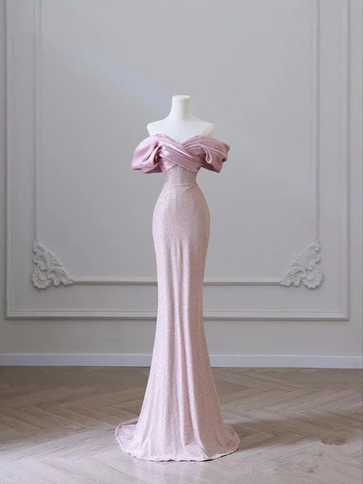 Elegant Mermaid Off Shoulder Bow Detail Pink Long Evening Dresses