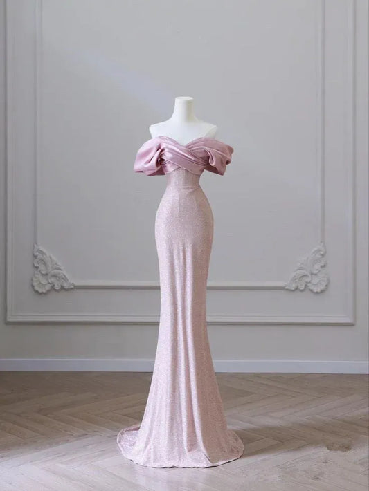 Elegant Mermaid Off Shoulder Bow Detail Pink Long Evening Dresses