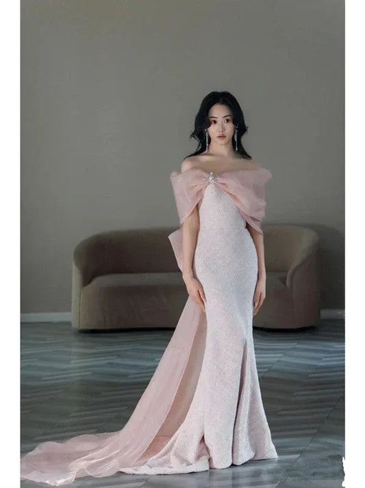 Elegant Mermaid Off Shoulder Bow Detail Pink Long Evening Dresses
