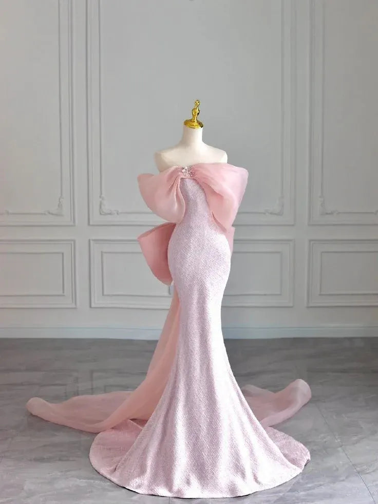 Elegant Mermaid Off Shoulder Bow Detail Pink Long Evening Dresses