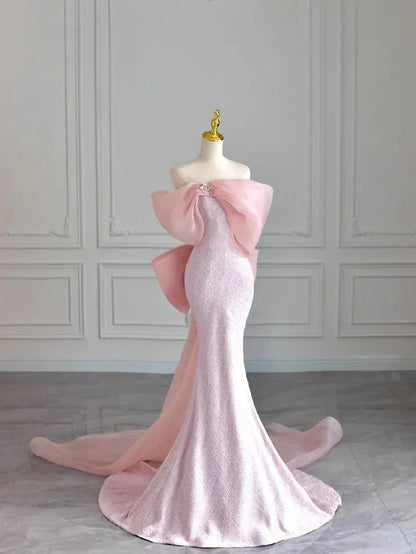 Elegant Mermaid Off Shoulder Bow Detail Pink Long Evening Dresses