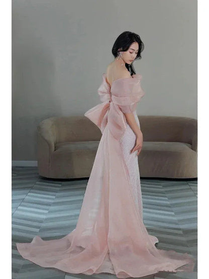 Elegant Mermaid Off Shoulder Bow Detail Pink Long Evening Dresses