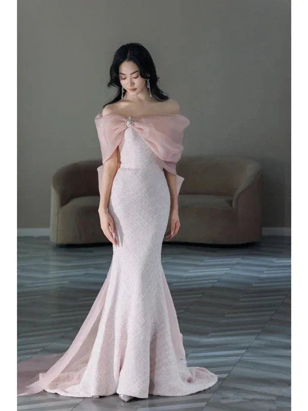 Elegant Mermaid Off Shoulder Bow Detail Pink Long Evening Dresses