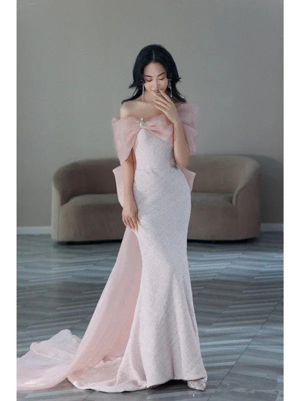 Elegant Mermaid Off Shoulder Bow Detail Pink Long Evening Dresses