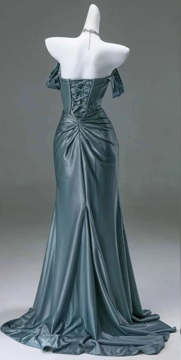 Elegant Mermaid Off Shoulder Ruched Teal Maxi Evening Dress