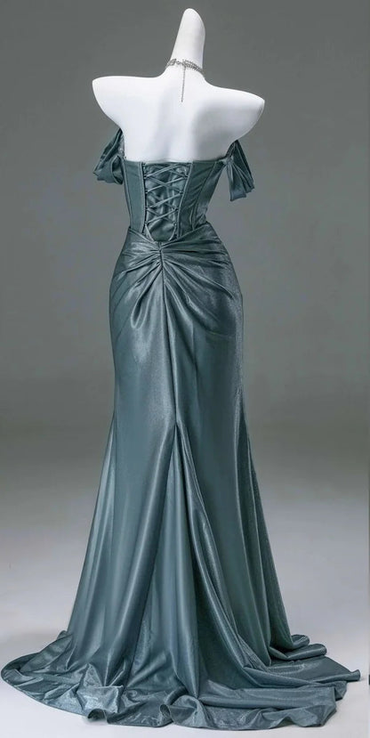 Elegant Mermaid Off Shoulder Ruched Teal Maxi Evening Dress
