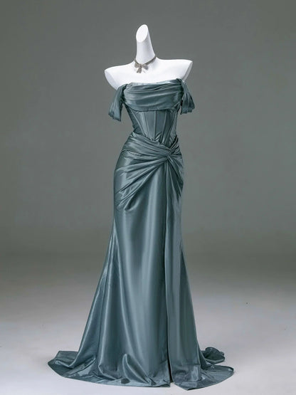 Elegant Mermaid Off Shoulder Ruched Teal Maxi Evening Dress