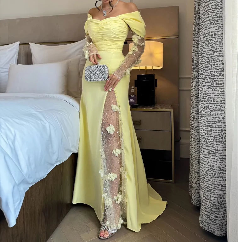Elegant Mermaid Off the Shoulder Long Sleeve Lace Up Floor-Length Prom Dress