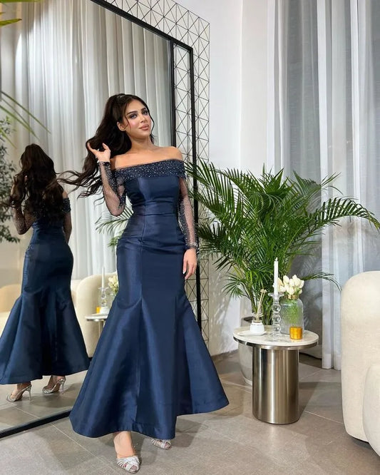Elegant Mermaid Off the Shoulder Long Sleeve Sequins Satin Ankle-Length Prom Dress