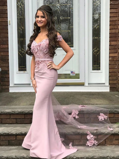 Elegant Mermaid Off the Shoulder Sleeveless Backless Chapel Train Prom Dress