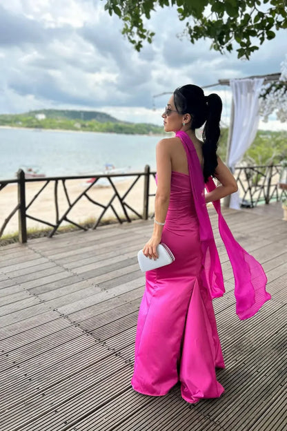 Elegant Mermaid Off the Shoulder Sleeveless Satin Pleated Floor-Length Prom Dress