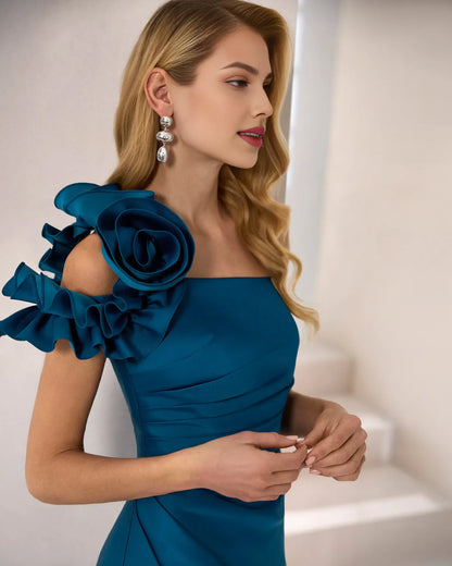 Stunning Mermaid One-Shoulder 3D Floral Ruffle Ruched Teal Floor-Length Prom Gown for Women