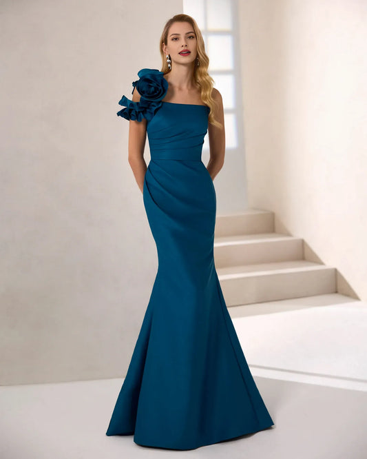Elegant Mermaid One-Shoulder 3D Floral Ruffle Ruched Teal Floor-Length Prom Dress