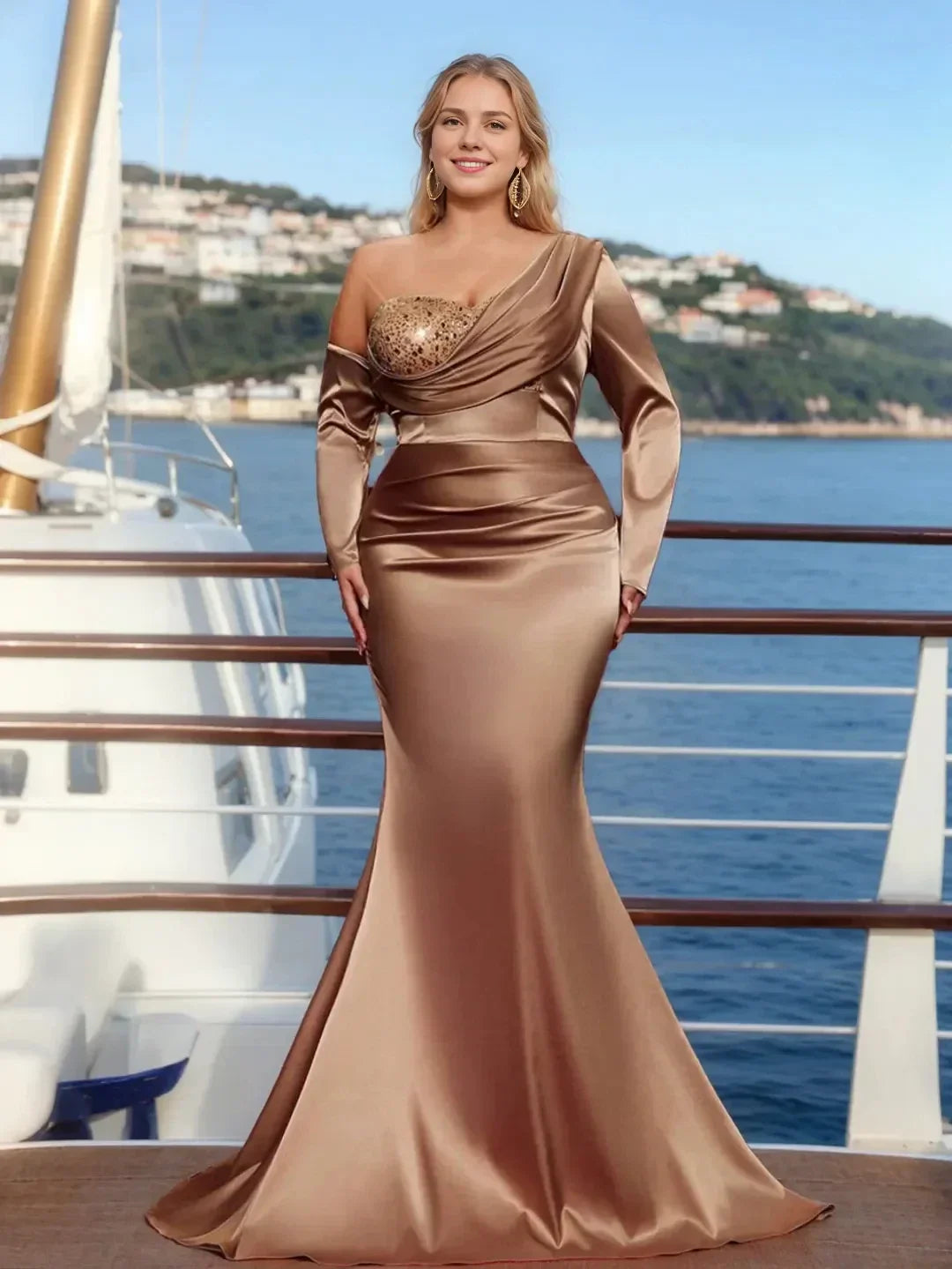 Elegant Mermaid One Shoulder Long Sleeve Back Zip Brush Train Evening dress for women