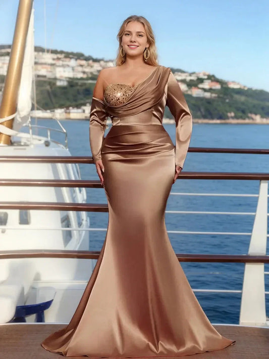 Elegant Mermaid One Shoulder Long Sleeve Back Zip Brush Train Evening dress for women