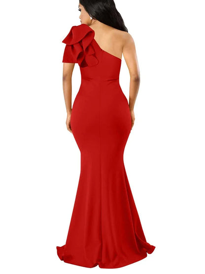 Elegant Mermaid One Shoulder Sleeveless Back Zip Floor-Length Side Slit prom dress for women