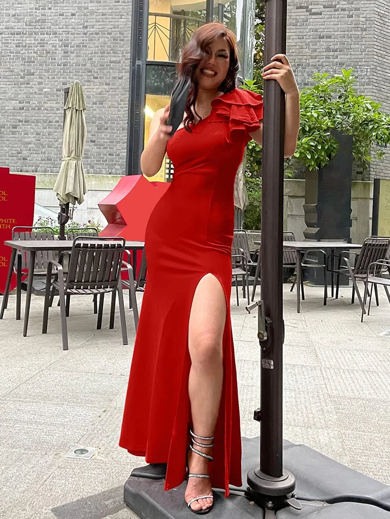 Elegant Mermaid One Shoulder Sleeveless Back Zip Floor-Length Side Slit prom dress for women