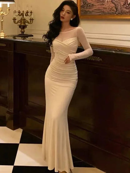 Elegant Mermaid Sheer-Yoke Long-Sleeve Ruched Satin Ivory Maxi Evening Dress for Women