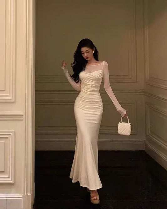 Elegant Mermaid Sheer-Yoke Long-Sleeve Ruched Satin Ivory Maxi Evening Dress for Women