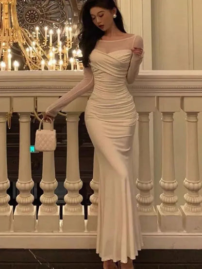 Elegant Mermaid Sheer-Yoke Long-Sleeve Ruched Satin Ivory Maxi Evening Dress for Women
