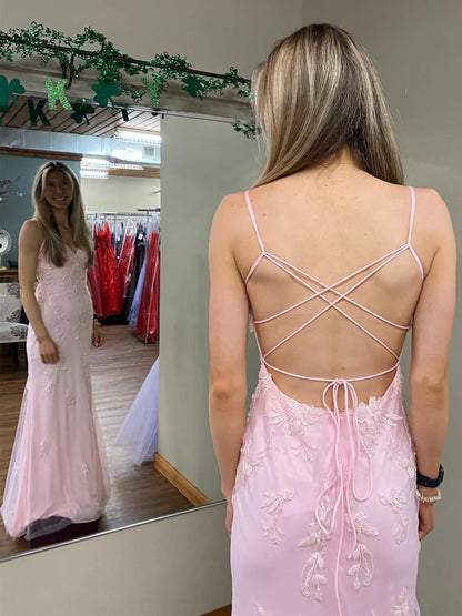 Elegant Mermaid Spaghetti Strap Lace Pink Floor-Length Prom Dress