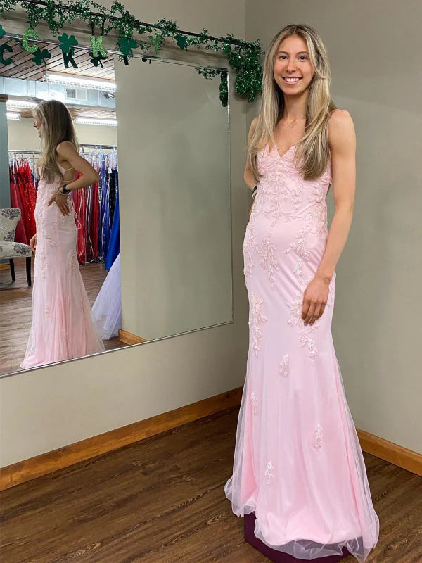 Elegant Mermaid Spaghetti Strap Lace Pink Floor-Length Prom Dress