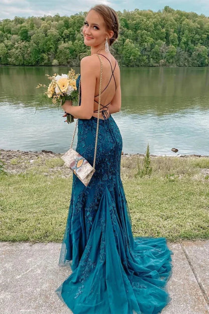 Elegant Mermaid Spaghetti Strap Lace Teal Floor-Length Prom Dress