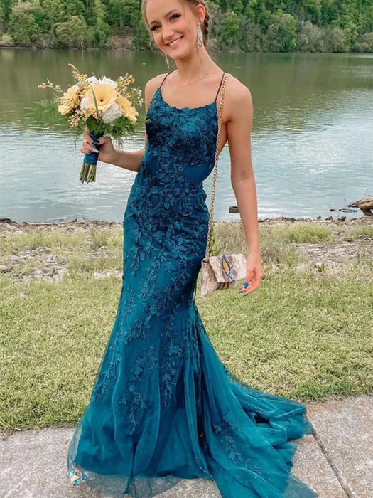 Elegant Mermaid Spaghetti Strap Lace Teal Floor-Length Prom Dress