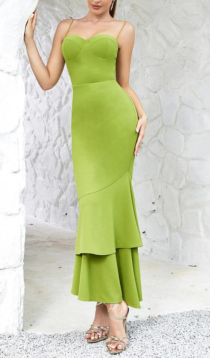 Elegant Mermaid Spaghetti Strap Tiered Ruffle Green Floor Length Prom Dress For Women