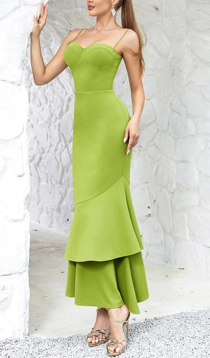 Elegant Mermaid Spaghetti Strap Tiered Ruffle Green Floor Length Prom Dress For Women