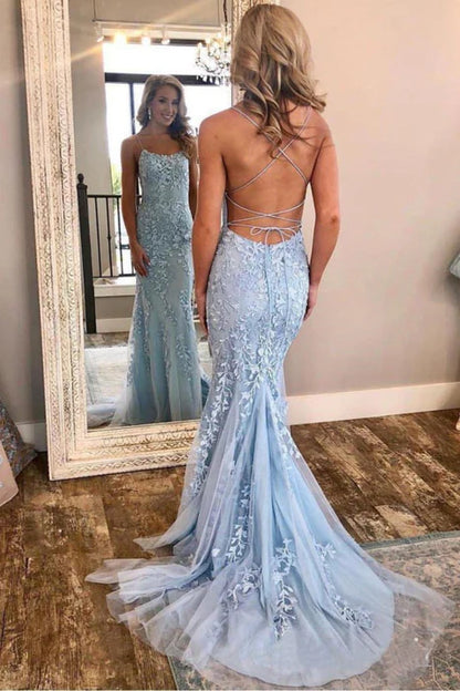 Elegant Mermaid Spaghetti Straps Lace Sky Blue Floor-Length Evening Dress