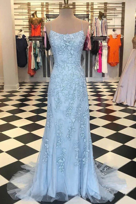 Elegant Mermaid Spaghetti Straps Lace Sky Blue Floor-Length Evening Dress