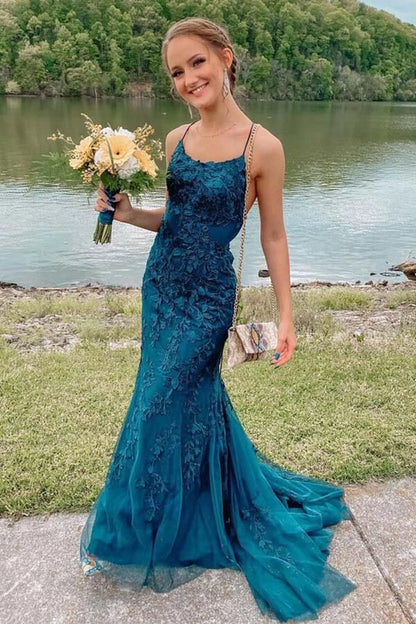 Elegant Mermaid Spaghetti Straps Sleeveless Backless Sweep/Brush Train Prom Dress