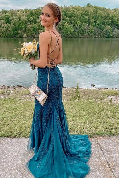 Elegant Mermaid Spaghetti Straps Sleeveless Backless Sweep/Brush Train Prom Dress