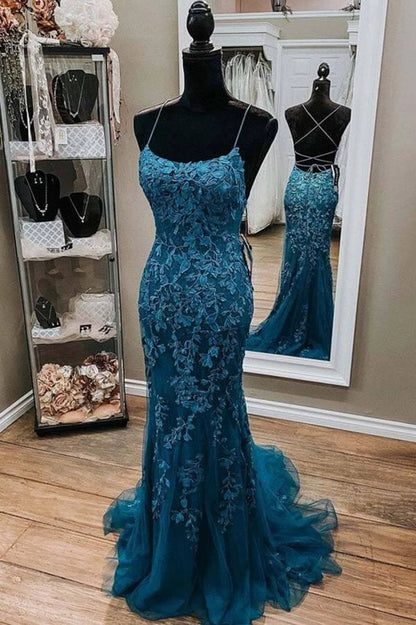Elegant Mermaid Spaghetti Straps Sleeveless Backless Sweep/Brush Train Prom Dress