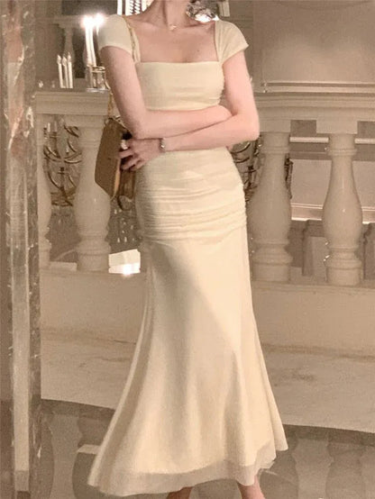 Elegant Mermaid Square-Neck Cap-Sleeve Ruched Cream Maxi Prom Dress for Women ready to ship