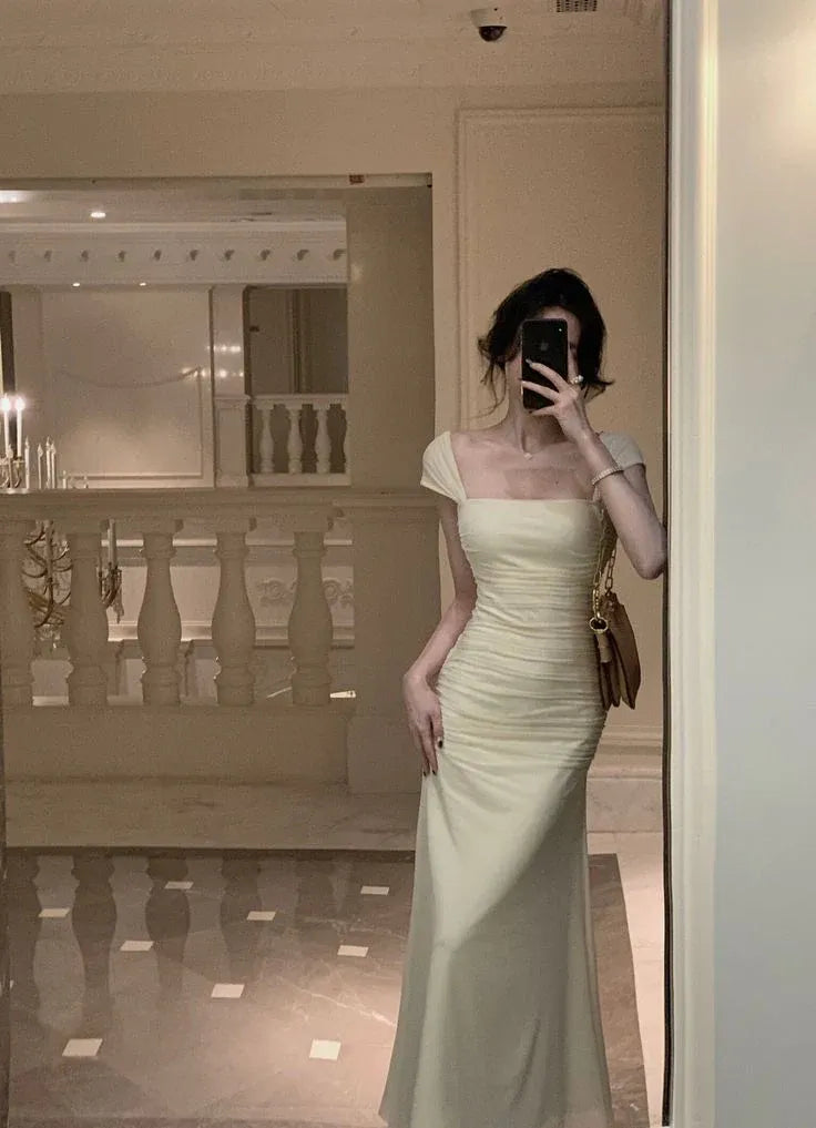 Elegant Mermaid Square-Neck Cap-Sleeve Ruched Cream Maxi Prom Dress for Women ready to ship