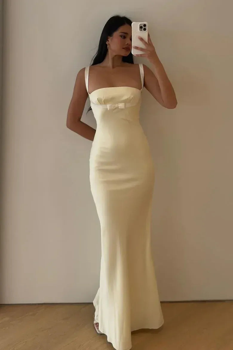 Elegant Mermaid Square Neck Sleeveless Bow knot Satin Floor-Length Prom Dress
