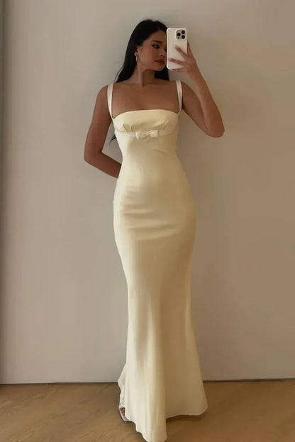 Elegant Mermaid Square Neck Sleeveless Bow knot Satin Floor-Length Prom Dress