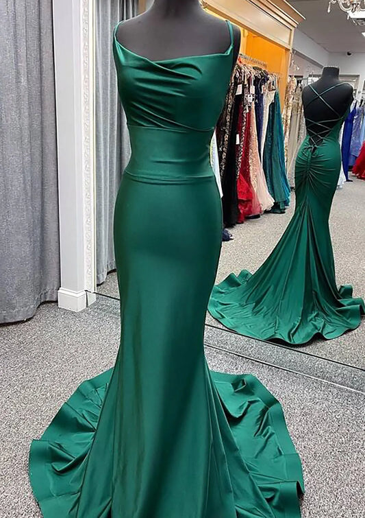 Elegant Mermaid Square Neck Sleeveless Draped Satin Emerald Floor-Length Evening Dress For Women