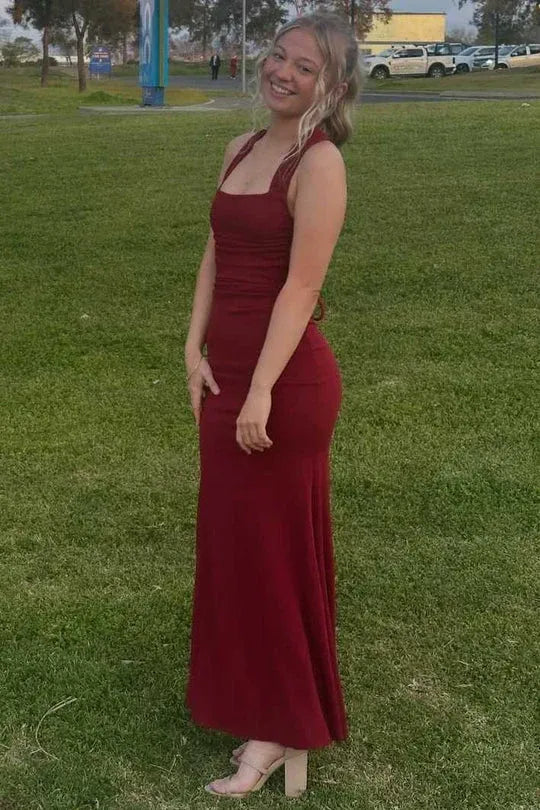 Elegant Mermaid Square Neck Sleeveless Satin Pleated Floor-Length Prom Dress
