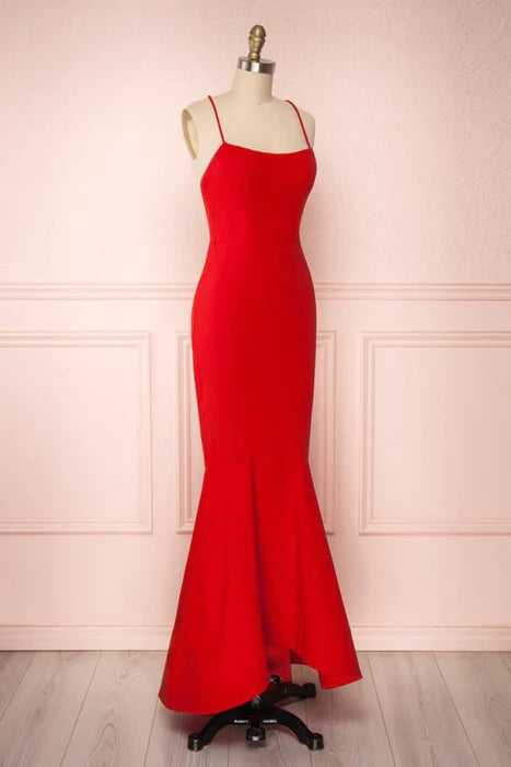 Elegant Mermaid Square Neck Spaghetti Strap Red Prom Dress