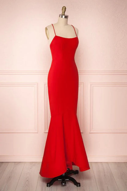 Elegant Mermaid Square Neck Spaghetti Strap Red Prom Dress