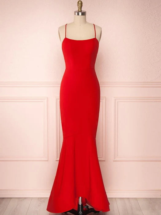 Elegant Mermaid Square Neck Spaghetti Strap Red Prom Dress