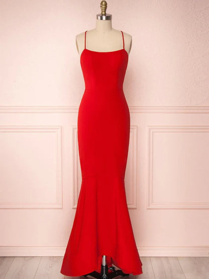 Elegant Mermaid Square Neck Spaghetti Strap Red Prom Dress
